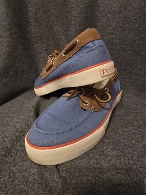 Polo by Ralph Lauren Blue Canvas and Brown Leather Trim Boat Shoes Size 10